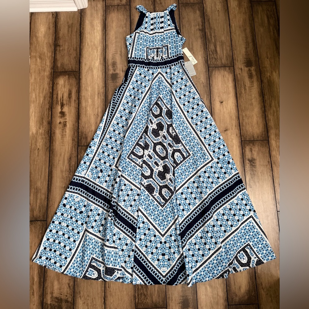 NWT Eliza J scarf maxi halter neck sundress blue and white size 2